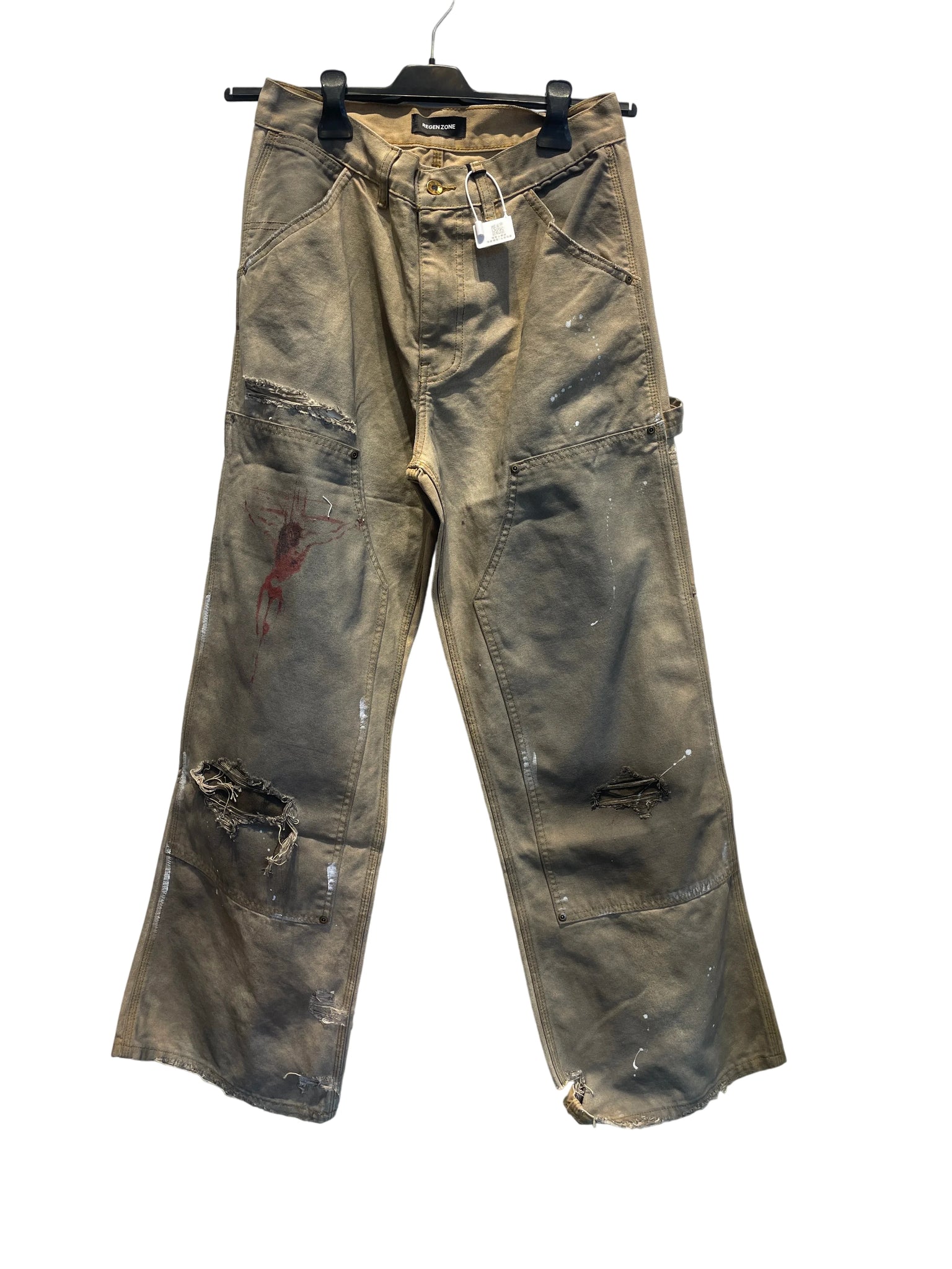 RIOT Cream Dirty Dyed Distressed Trousers Brown