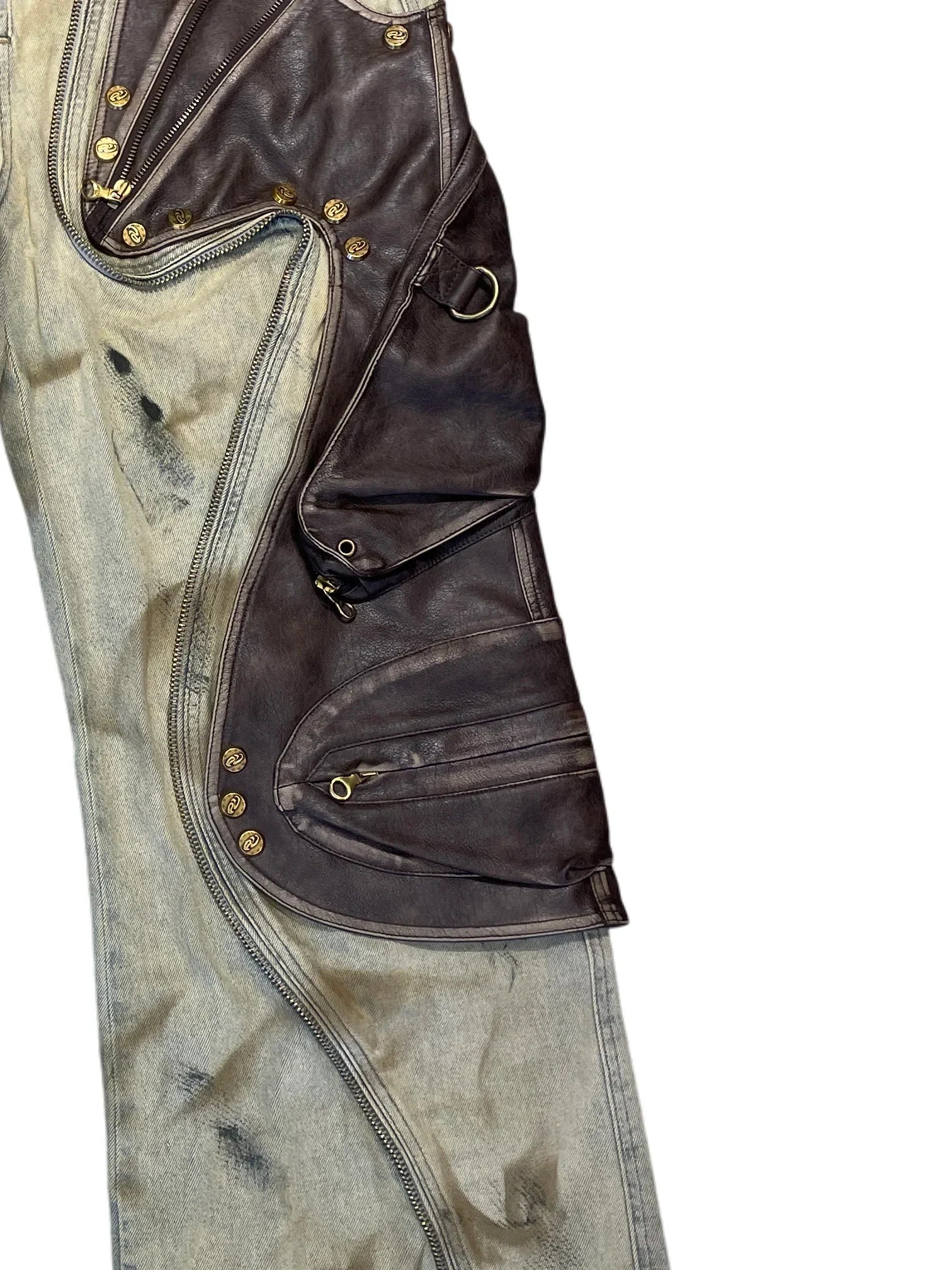 Removable Tactical Patchwork Jeans Brown