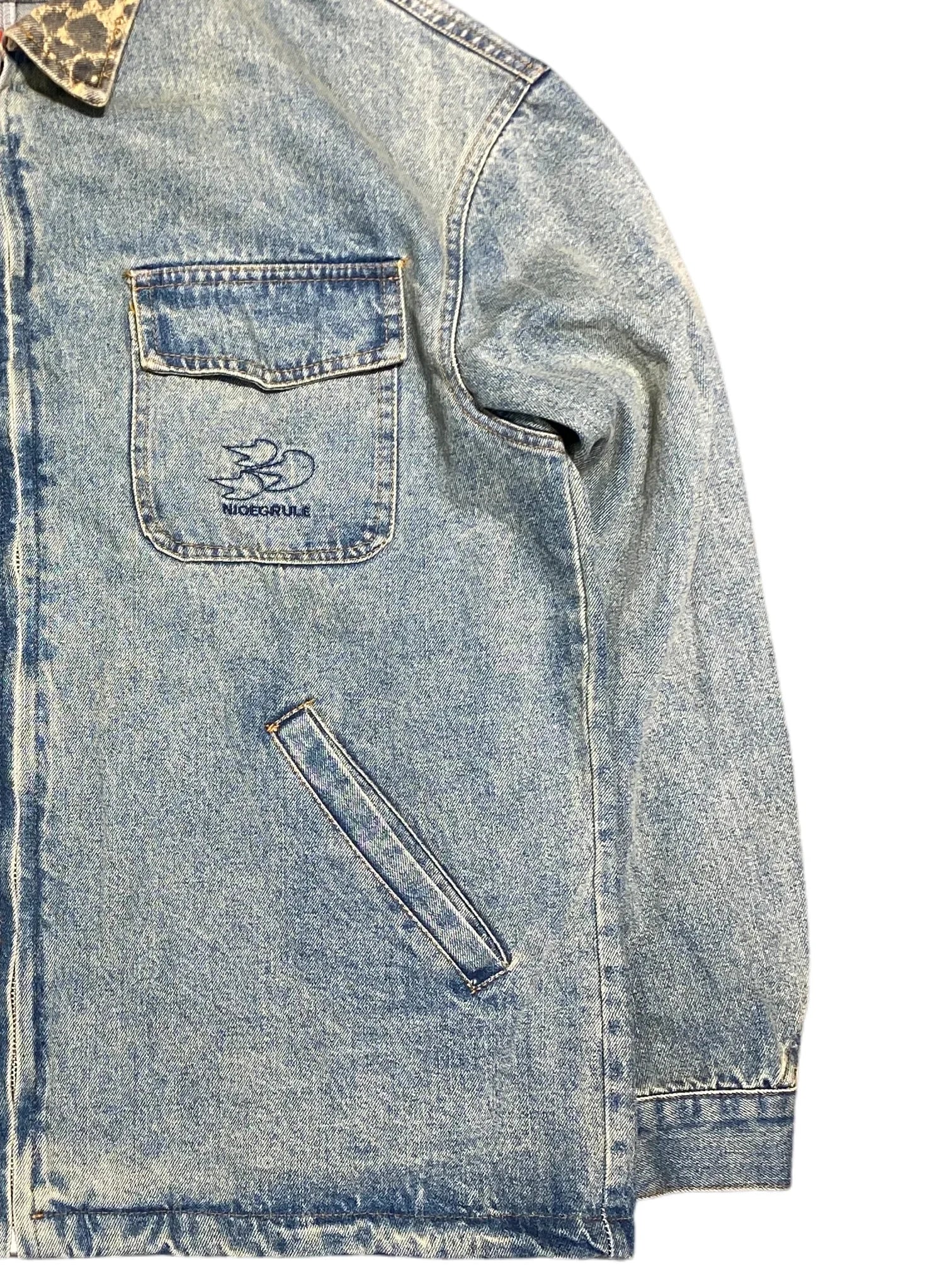 EDGE Leopard Collar Washed Denim jacket L Blue