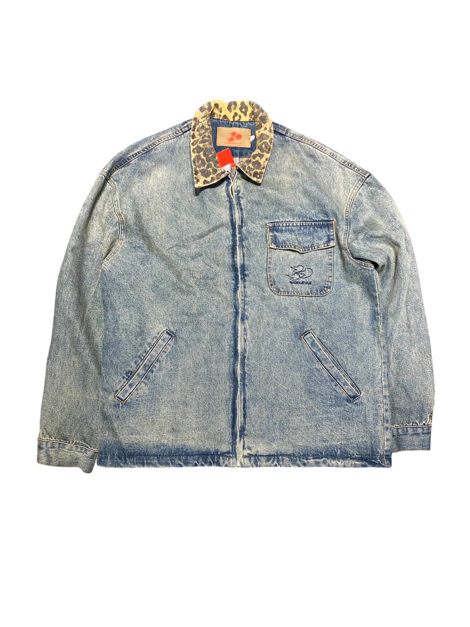 EDGE Leopard Collar Washed Denim jacket L Blue