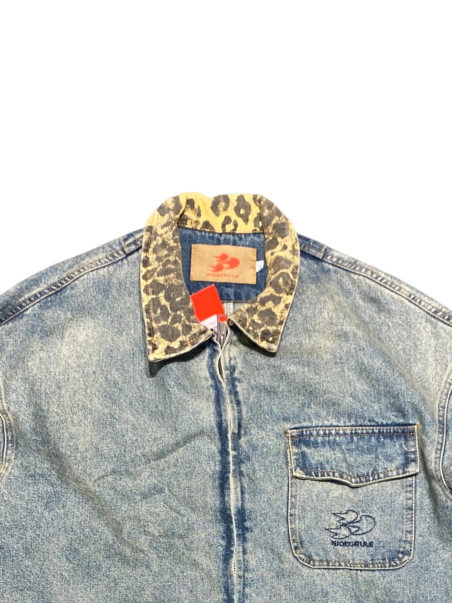 EDGE Leopard Collar Washed Denim jacket L Blue