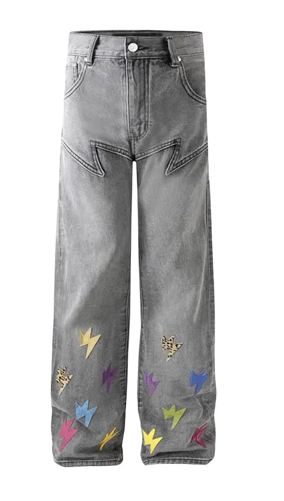 AMEXNOCAP Leather-trimmed lighting jeans L Gray