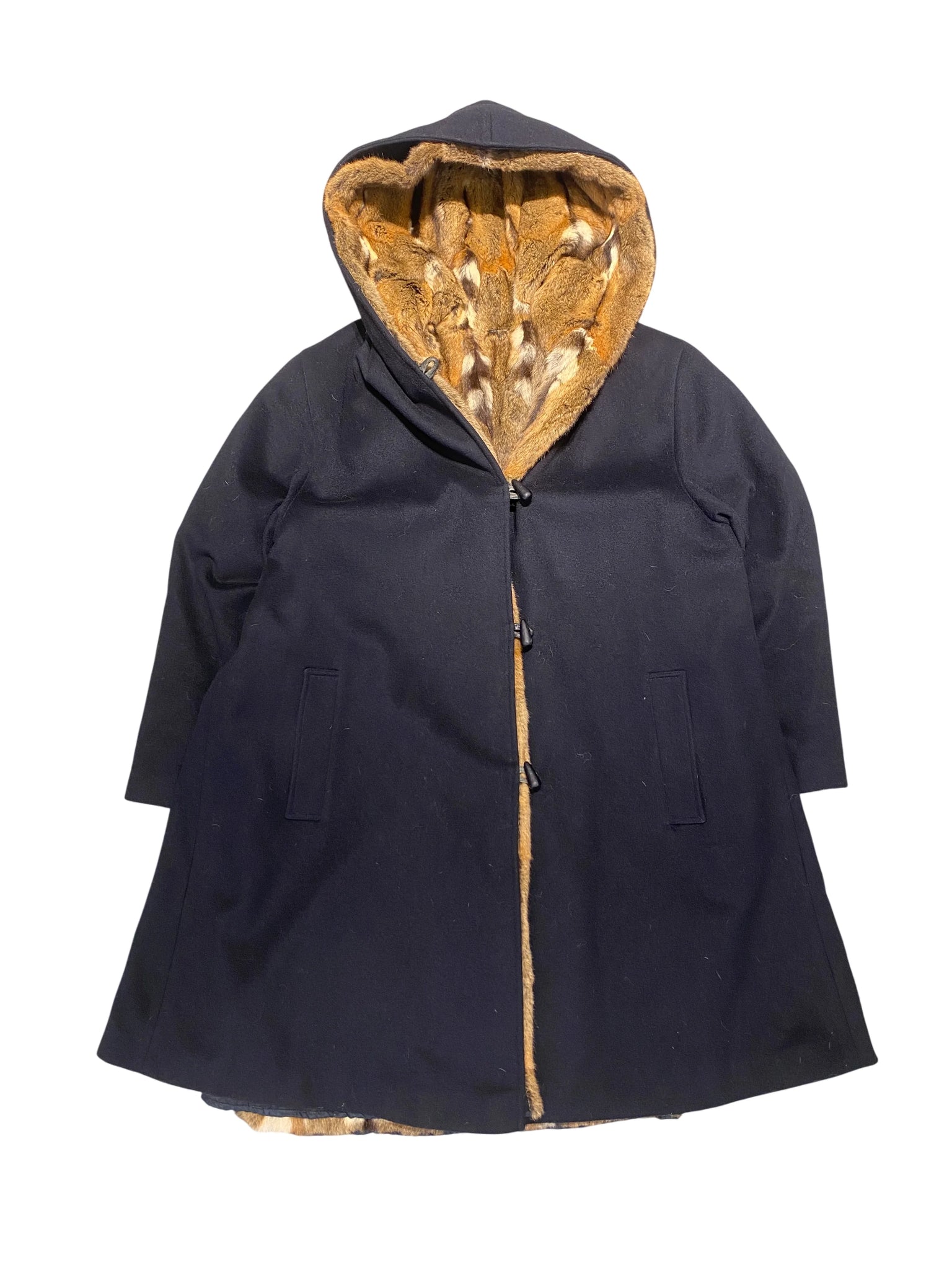 Vintage Hooded Fur Coat XL Black